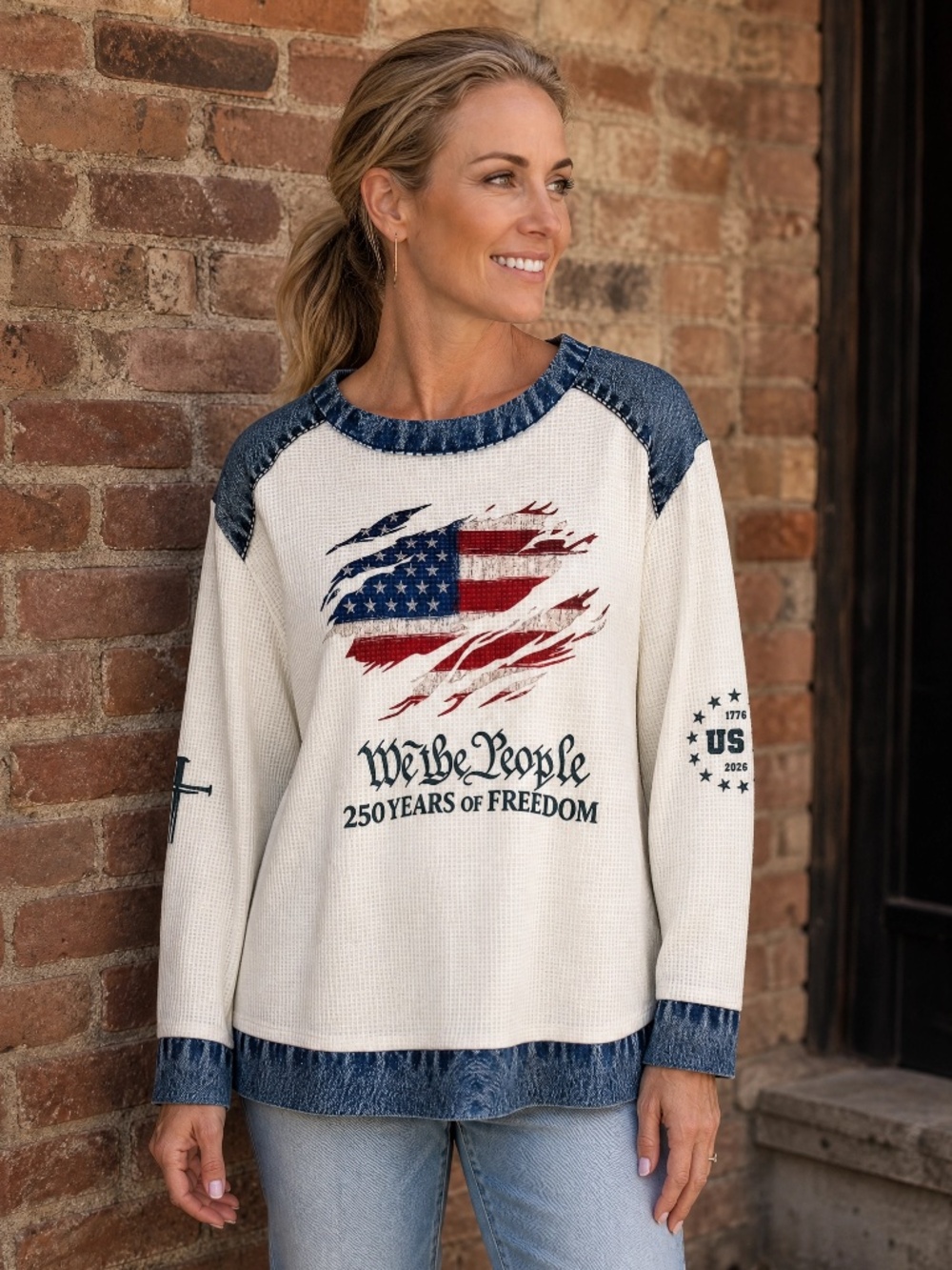 Patriotic USA Flag Waffle Knit Thermal Top XL NWOT Freedom Graphic Shirt